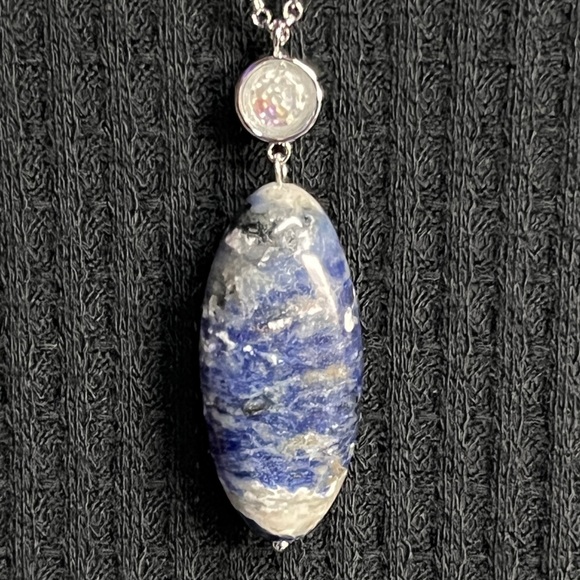 Gorgeous Silver-Tone Rhinestone Pendant  Blue Marble Teardrop Sodalite Necklace - Picture 4 of 4